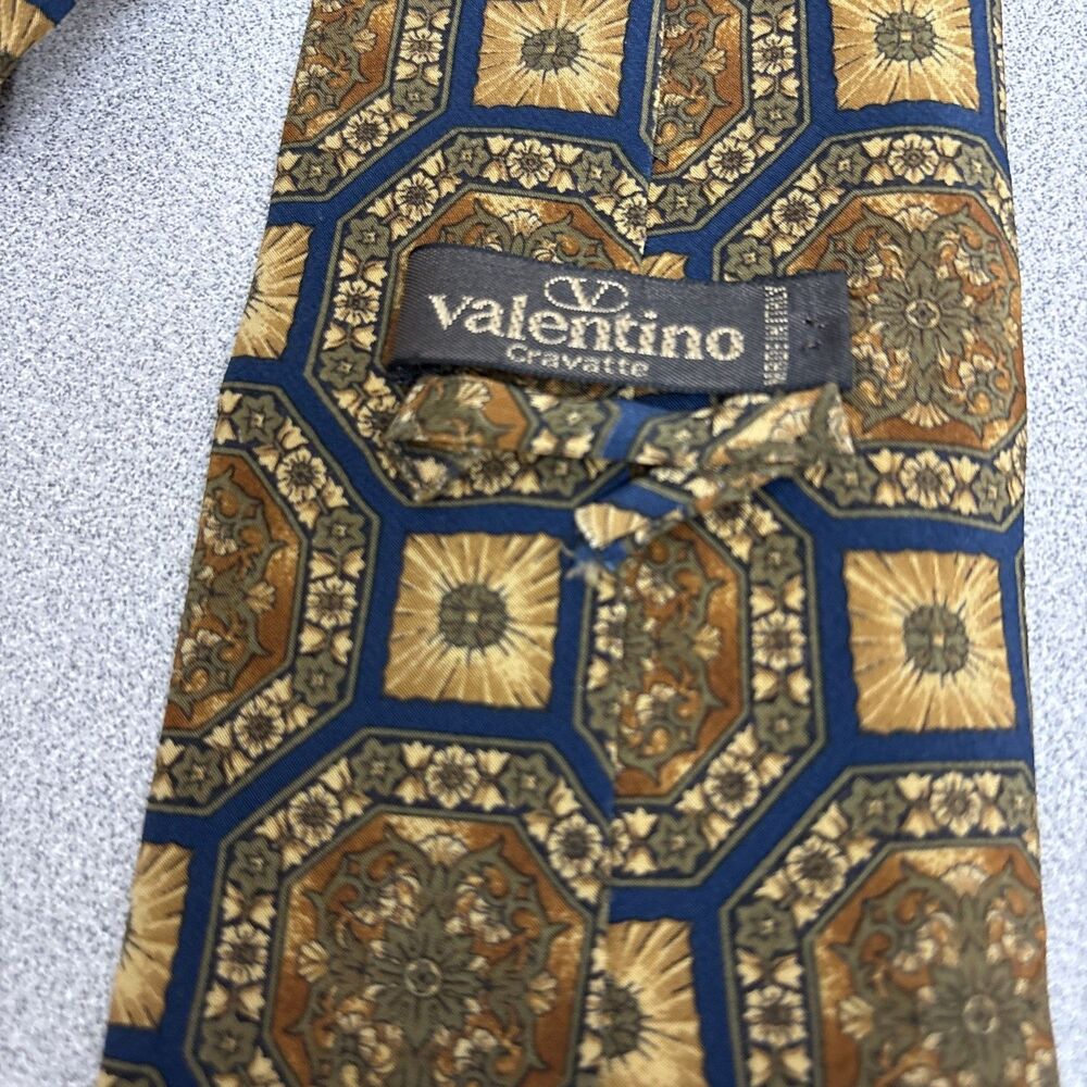 Vintage Valentino Cravatte Necktie, 100% Silk Italy, Brown Black Geometric Print